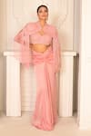 Buy_VRIDHI SOMAANI_Pink Satin Georgette Hand Embroidery Pearl Lucille Cape And Draped Skirt Set _at_Aza_Fashions