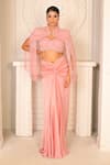 Buy_VRIDHI SOMAANI_Pink Satin Georgette Hand Embroidery Pearl Lucille Cape And Draped Skirt Set _Online_at_Aza_Fashions