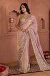 Buy_HOUSE OF KÀRMÀH_Purple Tissue Embroidered Cutdana V Neck Chanderi Saree With Floral Blouse _at_Aza_Fashions