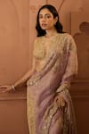 Buy_HOUSE OF KÀRMÀH_Purple Tissue Embroidered Cutdana V Neck Chanderi Saree With Floral Blouse _Online_at_Aza_Fashions