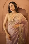 Shop_HOUSE OF KÀRMÀH_Purple Tissue Embroidered Cutdana V Neck Chanderi Saree With Floral Blouse _Online_at_Aza_Fashions