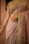 HOUSE OF KÀRMÀH_Purple Tissue Embroidered Cutdana V Neck Chanderi Saree With Floral Blouse _at_Aza_Fashions