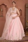 Buy_HOUSE OF KÀRMÀH_Peach Raw Silk Embroidered Floral V Neck Organza Lehenga Set _at_Aza_Fashions