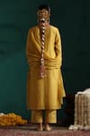 Shop_Beige_Yellow Kurta Mul Chanderi Embroidered Zardozi V Neck Aaftab Yoke Pant Set _at_Aza_Fashions