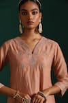 Shop_Beige_Pink Kurta Mul Chanderi Embroidered Zardozi V Neck Aaftab Placed Pant Set _Online_at_Aza_Fashions