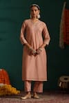 Beige_Pink Kurta Mul Chanderi Embroidered Zardozi V Neck Aaftab Placed Pant Set _at_Aza_Fashions