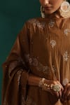 Buy_Beige_Brown Kurta Mul Chanderi Embroidered Zardozi Notched Afsaana Pant Set _Online_at_Aza_Fashions