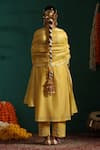 Shop_Beige_Yellow Kurta Mul Chanderi Embroidered Motis V Neck Bahaar Floral Pant Set _at_Aza_Fashions