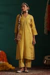 Beige_Yellow Kurta Mul Chanderi Embroidered Motis V Neck Bahaar Floral Pant Set _Online_at_Aza_Fashions