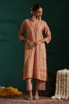 Beige_Pink Kurta Mul Chanderi Embroidered Floral V Neck Bahaar Pant Set _Online_at_Aza_Fashions