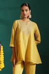 Beige_Yellow Top Mul Chanderi Embroidered Zardozi Taabiir Tunic And Pant Co-ord Set _at_Aza_Fashions