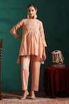 Buy_Beige_Pink Top Mul Chanderi Embroidered Motis High Inayat Tunic And Pant Co-ord Set _at_Aza_Fashions