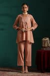 Buy_Beige_Pink Top Mul Chanderi Embroidered Motis Blunt V Deedar Tunic And Pant Co-ord Set _at_Aza_Fashions