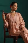 Buy_Beige_Pink Top Mul Chanderi Embroidered Motis Blunt V Deedar Tunic And Pant Co-ord Set _Online_at_Aza_Fashions