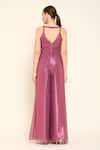 Shop_AMRTA by GUNEET KONDAL_Wine Shell 90% Viscose Georgette 10% Metallic Yarn Neckline Retro Jumpsuit _at_Aza_Fashions