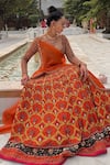 Neha Khullar_Orange Viscose Raw Silk Embellished Floral Geometric Mughal Printed Lehenga Set _Online