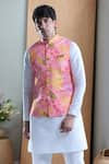 Buy_Aryavir Malhotra_Pink Soft Cotton Printed Autumn Leaf Nehru Jacket _at_Aza_Fashions