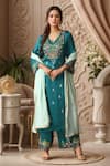 Buy_Samyukta Singhania_Blue Kurta And Pant Satin Embroidery Floral V-neck & Set _at_Aza_Fashions