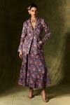 Buy_Jodi_Blue China Silk Handblock Print Floral Waistcoat V Inaaya Blazer Skirt Set _at_Aza_Fashions