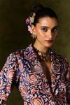 Buy_Jodi_Blue China Silk Handblock Print Floral Waistcoat V Inaaya Blazer Skirt Set 