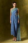 Buy_Jodi_Blue Satin Silk Print Abstract Asymmetric Zaroon Saree Dress _at_Aza_Fashions