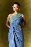 Jodi_Blue Satin Silk Print Abstract Asymmetric Zaroon Saree Dress _Online_at_Aza_Fashions