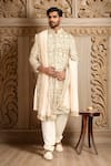 Buy_Kalighata_Ivory Silk Sequins, Cut Work Floral Embroidered Sherwani Set _at_Aza_Fashions