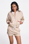 Buy_Terra Luna_Beige 100% Organic Handloom Cotton Solid Mandarin Collar Octan Bomber Jacket _at_Aza_Fashions