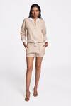 Terra Luna_Beige 100% Organic Handloom Cotton Solid Mandarin Collar Octan Bomber Jacket _Online_at_Aza_Fashions