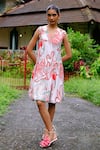 Shop_Jodi_White Cotton Poplin Handblock Print Floral Abstract V Neck Inca Short Dress _at_Aza_Fashions