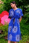 Shop_Jodi_Blue Cotton Poplin Handblock Print Floral Abstract Notch Manakin Dress _at_Aza_Fashions