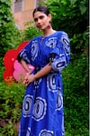 Jodi_Blue Cotton Poplin Handblock Print Floral Abstract Notch Manakin Dress _Online_at_Aza_Fashions