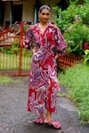 Shop_Jodi_Maroon Modal Printed Floral Abstract V Neck Myna Wrap Dress _Online_at_Aza_Fashions