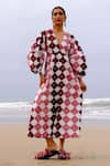 Buy_Jodi_Peach Cotton Poplin Handblock Print Floral V Neck Okapi Peasant Dress _Online_at_Aza_Fashions