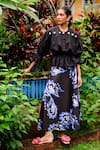 Shop_Jodi_Black Cotton Poplin Hand-crocheting Flowers Orca Top With Abstract Print Skirt _at_Aza_Fashions