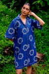 Jodi_Blue Handwoven Cotton Denim Printed Floral Collar Viola Shift Dress _Online_at_Aza_Fashions