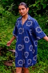 Buy_Jodi_Blue Handwoven Cotton Denim Printed Floral Collar Viola Shift Dress _Online_at_Aza_Fashions