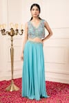 Buy_Kanj by Priyanka A Sakhuja_Blue Silk Georgette Embroidered Dabka Waistcoat Open Aiza Lehenga Set With _Online_at_Aza_Fashions