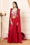 Shop_Kanj by Priyanka A Sakhuja_Red Bamber Silk Satin Embroidered Anabiaca Solid Lehenga Set With Thread Blouse _Online_at_Aza_Fashions