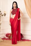 Buy_Kanj by Priyanka A Sakhuja_Red Bamber Silk Satin Embroidered Anshar Pre-draped Saree With Scallop Blouse _at_Aza_Fashions