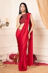 Buy_Kanj by Priyanka A Sakhuja_Red Bamber Silk Satin Embroidered Anshar Pre-draped Saree With Scallop Blouse _Online_at_Aza_Fashions