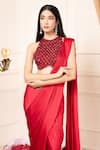 Shop_Kanj by Priyanka A Sakhuja_Red Bamber Silk Satin Embroidered Anshar Pre-draped Saree With Scallop Blouse _Online_at_Aza_Fashions