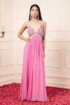 Buy_Kanj by Priyanka A Sakhuja_Pink Silk Flat Chiffon Embroidered Sequin Plunged V-neck Carluos Cut-out Gown _at_Aza_Fashions