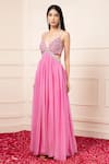 Buy_Kanj by Priyanka A Sakhuja_Pink Silk Flat Chiffon Embroidered Sequin Plunged V-neck Carluos Cut-out Gown _Online_at_Aza_Fashions