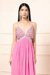 Buy_Kanj by Priyanka A Sakhuja_Pink Silk Flat Chiffon Embroidered Sequin Plunged V-neck Carluos Cut-out Gown 