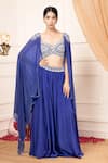 Buy_Kanj by Priyanka A Sakhuja_Blue Flat Chiffon Silk Embroidered Gota Cape Open Haniya Cut Dana Sharara Set _at_Aza_Fashions