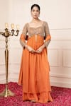 Buy_Kanj by Priyanka A Sakhuja_Orange Flat Chiffon Silk Embroidered Larden Jaali Slit Anarkali Sharara Set _at_Aza_Fashions