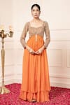 Buy_Kanj by Priyanka A Sakhuja_Orange Flat Chiffon Silk Embroidered Larden Jaali Slit Anarkali Sharara Set 