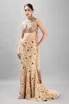 Buy_Kanj by Priyanka A Sakhuja_Beige Crepe Embroidered Sequin Round Sarina Floral Vine Fish-cut Lehenga Set _at_Aza_Fashions