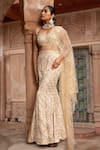 Buy_Laxmishriali_Gold Saree And Blouse Satin & Net Embroidered Cutdana & Sequin Pre-draped Set _at_Aza_Fashions